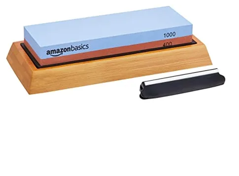 Amazon Basics Piedra de afilar de cuchillos de doble cara, grano 400/1000 con base de bambú antideslizante, color azul y rojo, 18 x 6,1 x 2,8 cm