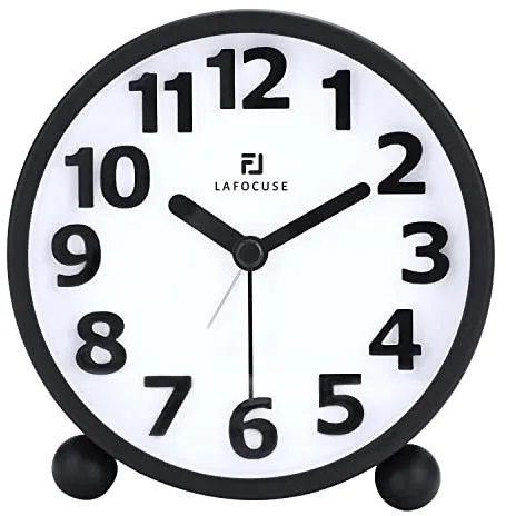 Lafocuse Reloj Despertador Analógico Silencioso con Función Snooze, luz Nocturna, Metal Negro Numeros Grandes 3D, Reloj Mesita de Noche Moderno para Mesilla Dormitorio 10.5cm