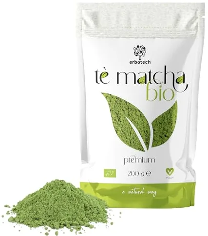 ERBOTECH Te Matcha BIO/Polvo de Té Verde Japonés Orgánico 200 g, Multivitamínico 100% Natural, Vegan. Ideal para Pasteles, Batidos, Thé Helado