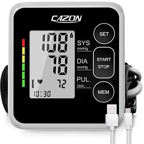 CAZON Tensiómetro de Brazo, Monitor de presiónarterial para uso doméstico. Detector electrónico defrecuencia cardiaca con brazalete 22-40cm,2X120memoria (Negro)