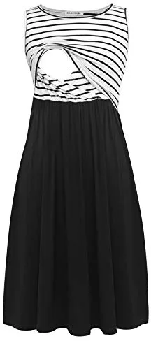 Smallshow Mujer Vestido de Lactancia de Maternidad, en Capas, con Bolsillos White Stripe-Black Medium