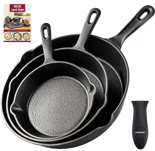 OVERMONT Pre-sazonado Sartén Ollas de Hierro Fundido para Freír, Utensilios de Cocina Seguros para Estufa, Barbacoa, Fogata, Varios Tamaños, Negro