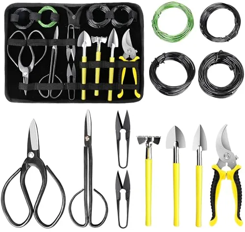 Kit Bonsai, 13 Piezas Herramientas Bonsai Incluyen Tijeras Bonsai, Alambre Bonsai, Mini Rastrillo, Pala y Tijeras de Podar para Jardineria Casera y Plantas de Balcón