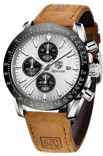 BENYAR by Relojes Hombre Cronógrafo Analógico Movimiento de Cuarzo Impermeable Luminoso Fecha Banda de Cuero Reloj de Pulsera Negocios Casual Diseñador Relojes Elegante Regalo para Hombres
