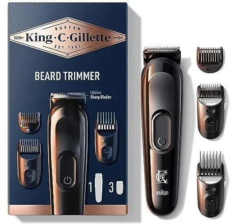 King C. Gillette Kit De Recortadora De Barba Inalámbrica Para Hombre Con Hojas Siempre Afiladas Y 3 Peines Intercambiables, Máquinilla de afeitar