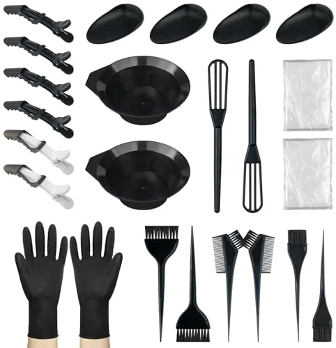 NEPAK 24 pcs Kit de Herramientas para Coloración, cuencos para mezclar el color para el pelo, orejeras, cuchara para mezclar, pinzas para el pelo, guantes
