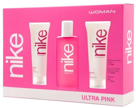 NIKE - Ultra Pink Colonia 100ml + Crema de Cuerpo 75ml + Gel de Baño 75ml, Estuche de Regalo Mujer, Eau de Toilette Natural y Femenina, Aroma Oriental Gourmand, Fragancia Fresca, Rebelde y Duradera