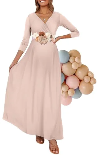 Kim S, Vestido Largo de Maternidad con Banda de Flores y Cuello en V de Fruncido Envolvente, para sesión de Fotos y Fiesta del bebé, S-XXXL, Ltmocha, Large