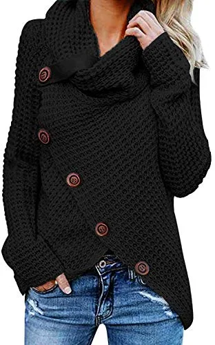 Tuopuda Jerseys De Punto para Mujer Cuello de Tortuga Manga Larga Suelto Prendas de Punto Suéter Irregular Jerséis Collar de la Pila Tops Sudadera Casual Tallas Grandes Suéter Suelta(Negro,L)