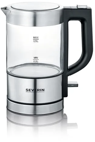 SEVERIN - Mini hervidor de agua 0,5 l, jarra eléctrica de cristal pequeña con filtro antical lavable, base de 360° giratoria y inalámbrica, libre de BPA, acero inoxidable, 1100 W, WK 3472