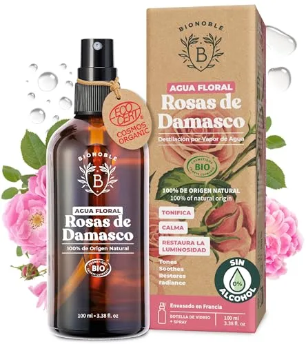 BIONOBLE Agua de Rosas Pura Orgánica - Tonifica, Calma, Illumina - Hidrolato de Rosas 100% de Origen Natural - Agua de Rosa Sin Alcohol - Rose Water Spray Facial, Cabello - Botella de Vidrio - 100ml