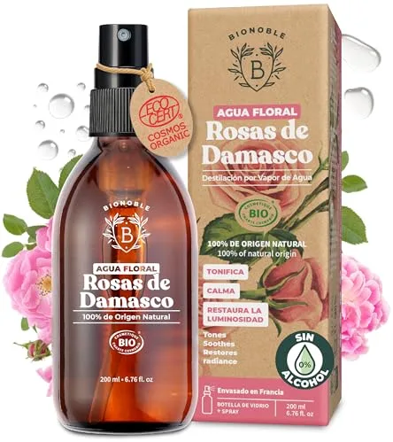 BIONOBLE Agua de Rosas Pura Orgánica - Tonifica, Calma, Illumina - Hidrolato de Rosas 100% de Origen Natural - Agua de Rosa Sin Alcohol - Rose Water Spray Facial, Cabello - Botella de Vidrio - 200ml