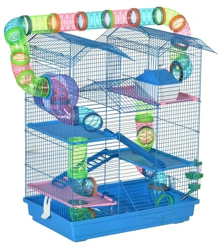 PawHut Jaula para Hámster de 5 Niveles, 47x30x59 cm, Casa para Animales Pequeños con Túnel, Comedero, Bebedero, Casita, Rueda de Ejercicio, Escaleras, para Ratas y Jerbos, Azul