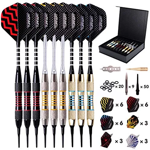 Dardos Punta de Plastico para Diana Electrónica Dardos Diana Electronica de Profesionales con 9 Piezas de 18 Gramos con 50 Puntas de dardo adicionales 20 Anillos de Goma 27 Plumas 9 Ejes de PC