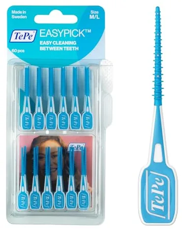 Palillos de dientes TePe EasyPick, azul, ISO M-L, 60 ud., herramienta para eliminar placa dental, limpieza interdental fácil y eficiente, palillos para espacios reducidos
