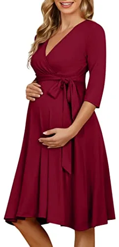 KOJOOIN Vestido de Maternidad para Mujer Delgado con Cuello en V Elegante Vestido de Lactancia Vestidos Premama Verano Casuales para Embarazadas Rojo（Manga 3/4） XL