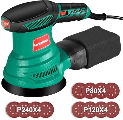 HYCHIKA Lijadora Orbital 300W, Lijadora Rotorbital con Motor de Cobre Puro, 6 Velocidad, 13000RPM, 12PCS Lija de 125mm (240/120/80 Grano), con Bolsillo Lavable de Recogida, para Lijar Madera y Metal