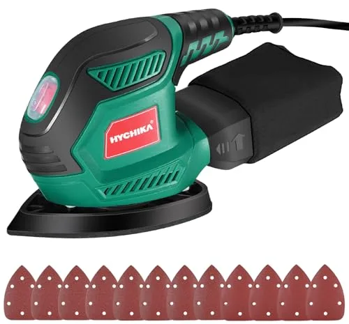 HYCHIKA Lijadora Madera, 200W Lijadora Eléctrica 14000RPM con Motor de Cobre Puro, Multifuncional con Recogida de Polvo, 12PCS Lija (240/120/80 Grano), Lijadora Mouse para Múltiples Esquinas, Madera