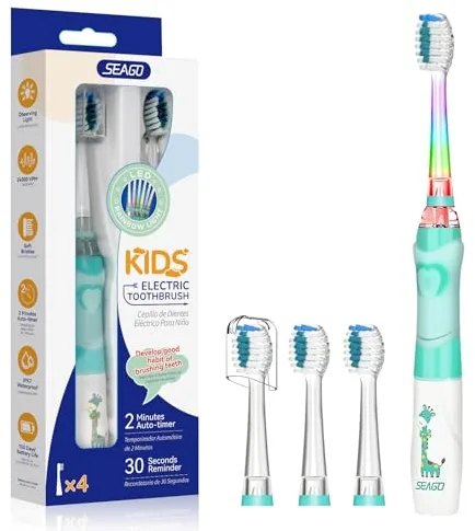 Seago Cepillo de Dientes Infantil Eléctrico Para Niños 3–12 Años Kids Con Luz de Colores,Temporizador Inteligente de 2 minutos,4 Cabezales Suaves SG-EK6/SG-977 (Verde)