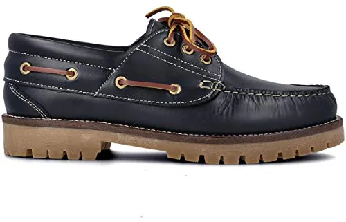 PAYMA - Zapatos Náuticos Timber de Piel Seahorse Engrasada. Hombre, Mujer, Niño. Hecho en ESPAÑA. 3-Ojales. Piso Goma Caramelo, Negro. Color: Azul Marino. Talla EU 42