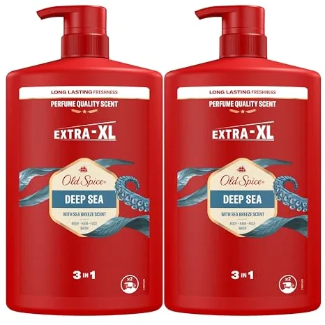 Old Spice Deep Sea Gel De Ducha Y Champú Para Hombres 2x1000ml, Gel Para Cara, Cuerpo Y Pelo 3 En 1 Multiusos, Frescura Duradera, Fragancia Excepcional, Limpieza Profunda