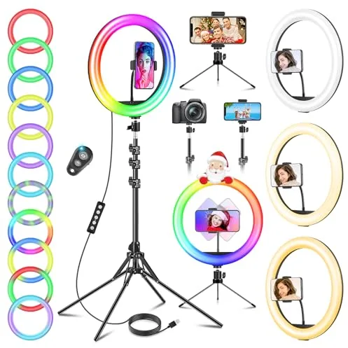 11.5'' Aro De Luz con Tripode Alto, GerTong Ring Light con 40 RGB Mode 13 Brillo para Móvil Youtube Maquillaje, Anillo de Luz LED con Control Remoto para Selfie Fotografía