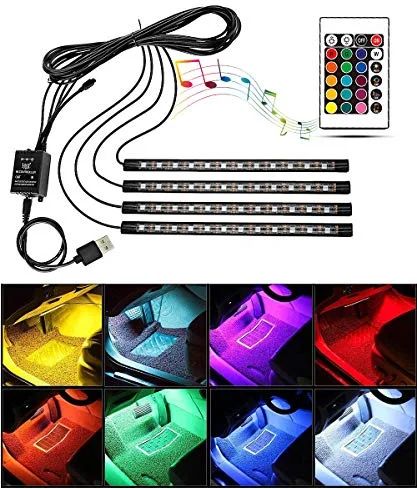 Luces LED Coche Interior, Control de Sonido y Mando a Distancia 4 en 1 Impermeable Tira de Luces RGB Car Ambient Lights