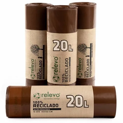 Relevo Bolsas de Basura Marrones con Autocierre – 20L (Ancho 45 cm x Alto 46 cm), 60 Bolsas (4 Rollos × 15 Bolsas) | Bolsas de Basura Extra Fuertes | 100% LDPE Reciclado | Certificado Blue Angel