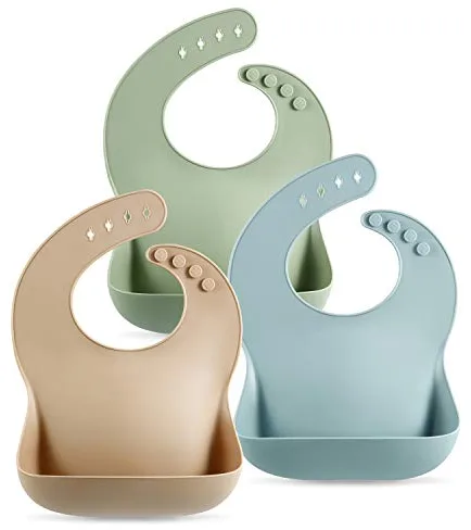 PandaEar (Paquete de 3 Lindos Baberos de Silicona para Bebés y Niños Pequeños (10-72 Meses) Impermeables, Suaves, Unisex, No Desordenados (Marrón/Azul/Verde)