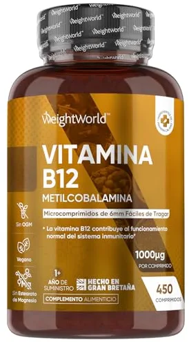 Vitamina B12 Vegana 1000 mcg - 450 Micro Comprimidos de Metilcobalamina B12 para Más de 1 Año de Suministro - Sin OGM y Sin Lactosa