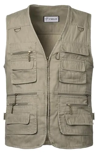 KTWOLEN Chaleco de Fotografo para Hombre Chaleco de Caza con Bolsillos Chaleco de Pesca Coletes para Safari Pescador Chaleco Trabajo, Caqui, XL