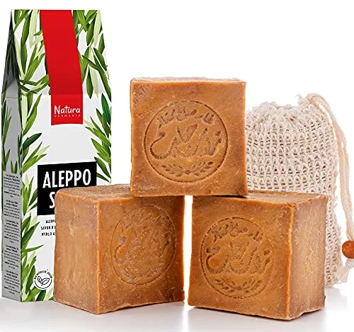 Natura Germania® Set de 3 jabones originales de Alepo 90% aceite de oliva / 10% aceite de laurel, cada uno de aproximadamente 200 gr (alrededor de 600 gr en total) + bolsa de jabón de sisal