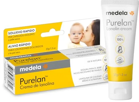 Medela crema de lanolina Purelan para pezones, alivio para pezones doloridos y piel seca, a base de ingredientes naturales, hipoalergénica y probada dermatológicamente, sin fragancia, 37 g