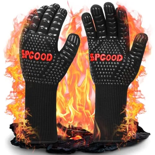 SPGOOD Guantes Barbacoa Guantes Horno Altas temperaturas Largos, BBQ Guantes Resistentes al Calor hasta 800℃ para Cocina, Parrilla, Hornear, Microondas, Chimenea Negro（L/XXL）