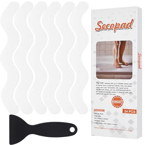 Secopad Pegatinas Antideslizantes para Ducha, 24 unidades, Tiras Adhesivas de Seguridad para Bañera, Ducha, Escaleras, Raspador Incluida (Blanco)