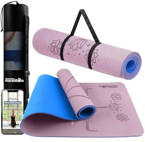 LA MENTE ES MARAVILLOSA - Esterilla de Yoga, Pilates y Fitness【E-Book, Bolsa y Correa de Hombro】Colchoneta Antideslizante TPE para Deportes, Gimnasio en Casa | 183x61 cm (Flores, Rosa/Azul)