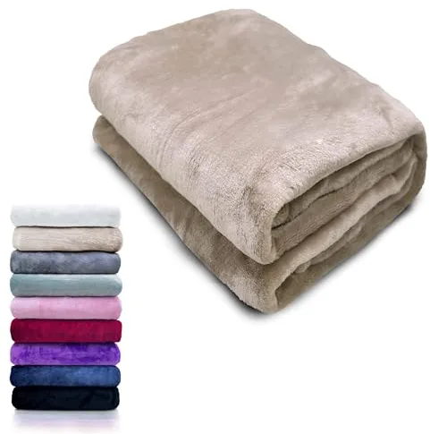 HTE Manta Microfibra para Cama Sofá y Sillón, Manta Polar Lisa de Tacto Suave Super Caliente para Adulto y Niño,Sin Arrugas (Beige, 130 x 160 cm)