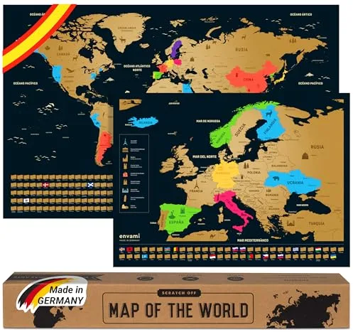 envami® Mapa Mundi Rascar - Español - Más el mapa de Europa - Mapas del Mundo para Marcar Viajes - 68 X 43 CM - Plata - Scratch Off Travel Map