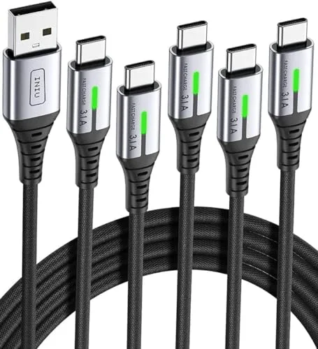 INIU Cable USB C Carga Rapida 3,1A, [5 Pack, 2+2+1+1+0.5m] QC3,0 Cable USB A USB C, Cable Tipo C Trenzado de Nilón para iPhone 17 16 Pro Max Samsung S25 S24 Note 10 9 Huawei Xiaomi etc.