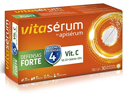 Apiserum Vitasérum Defensas Forte 30 comprimidos , Vitamina C (600 mg), D3, Selenio y Zinc, Ayuda a Tu Sistema Inmunitario, Cansancio y Fatiga, Comprimidos Efervescentes, Anaranjado, 30 días