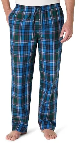 Amazon Essentials Pantalón de Pijama Tejido de Corte Recto con Bolsillos Hombre, Azul Verde Cuadros Grandes, L