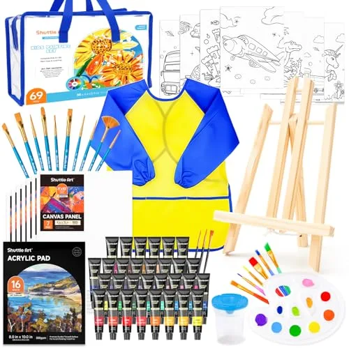 Shuttle Art Paquete de 69 juegos de pintura para niños, juego de arte niños con pintura acrílica de 30 colores, caballete de madera, lienzos, almohadilla de pintura, pinceles, paleta