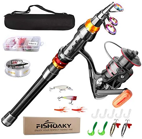 FISHOAKY Caña de Pescar y Carrete, Fibra de Carbono Pesca Telescópica+Cebos+Carrete de Pesca +Bolsa de Pesca+Accesorios de Pesca para Agua Salada Agua Dulce y Niños y Adultos (1.8)