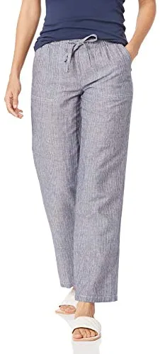 Amazon Essentials Pantalón de Pierna Ancha con Cordón Ajustable en Mezcla de Lino (Disponible en Tallas Grandes) Mujer, Gris Rayas Verticales, M