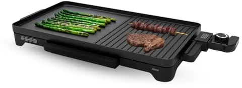 BLACK+DECKER - Plancha y Grill de Mesa BXGB2200E | 2200W | 49x27cm | Antiadherente y Libre PFOA | Temperatura Regulable | Asas Frías | Bandeja Recogegrasas | 4-6 Personas | Parrilla | Antideslizante