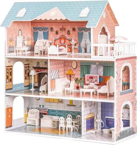 ROBUD Casa de muñecas de Madera para niños y niñas, Regalo de Juguete para 3, 4, 5, 6 años, con Muebles
