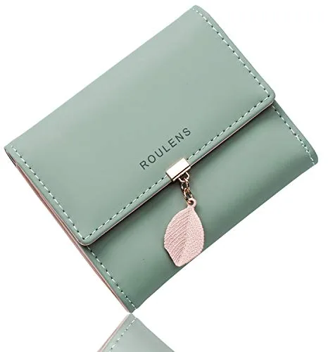 Roulens Cartera de Mujer con RFID Monedero Corto Adorno Hoja Colgante Cartera Minimalista con Bolsillo de Cremallera para Monedas