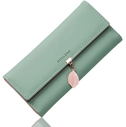 Roulens Cartera de Mujer con RFID Monedero Largo Adorno Hoja Colgante Cartera Minimalista con Bolsillo de Cremallera para Monedas