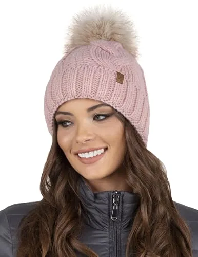 Vivisence Gorro De Otoño Invierno para Mujer De Punto con Pompon De Piel Sintética Ajuste Forro Cálido Elegante Y Flexible Protege contra El Frío La Nieve Y El, Rosa Claro,Talla Única