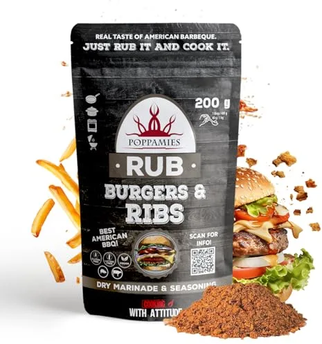 Sazonador Poppamies para Hamburguesas y Costillas - Adobo seco y Condimento perfecto para Carne de res, Cerdo - BBQ americano - Paquete Grande (200 g)